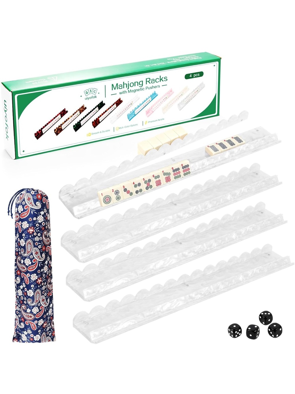 NIB white shell 20” mahjong racks, set of 4, scalloped, magnetic pushers